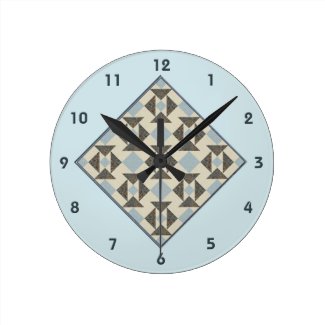 Grandmother&#39;s Puzzle Quilt Block Green, Tan, Blue Round Wall Clock