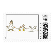 Grandpa, kid and chicken postage stamps