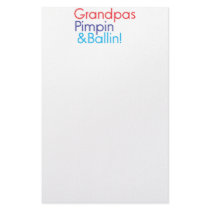 Grandpa red blue text that says Grandpa Pimpin and stationery
