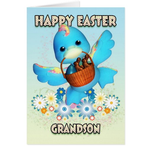 Grandson Easter Card Cute Duck With Basket Of Tr Zazzle