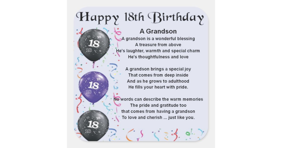 Grandson Poem - 18th Birthday Square Sticker 