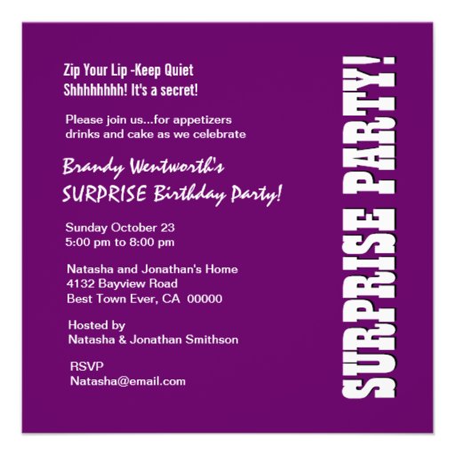Grape Purple Modern Surprise Birthday Template Custom Invitation Zazzle Purple Birthday Invitations Template