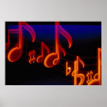 Graphic music symbols over black poster