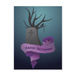 gravestone and banner Happy Halloween postcard