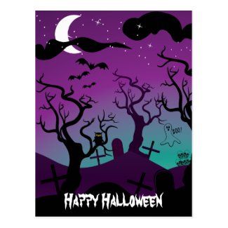 Graveyard black, purple, turquoise Halloween Postcard