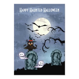 Graveyard Ghosts Owl Full Moon Halloween 5x7 Paper Invitation Card