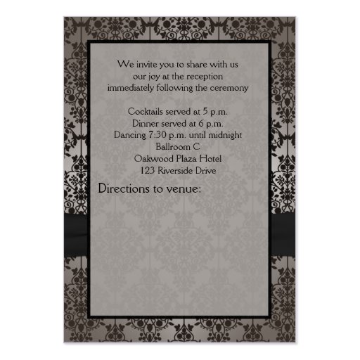 Gray and Black Damask Reception Card Business Card Template (back side)