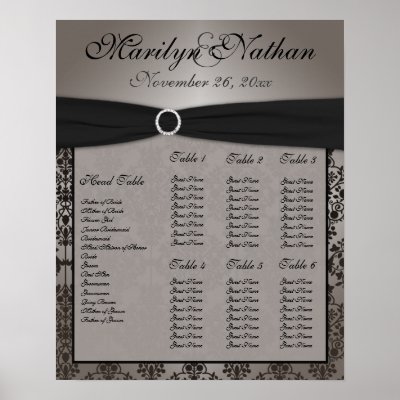 Gray and Black Damask Reception Seating Chart Poster by NiteOwlStudio
