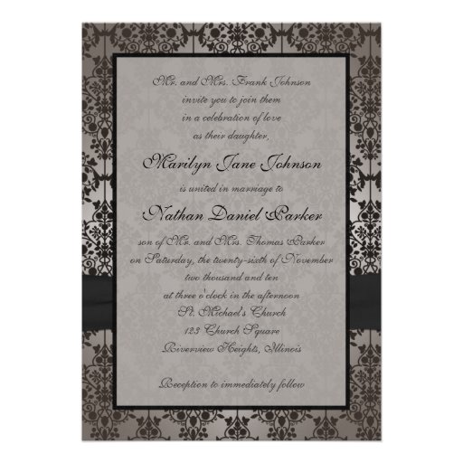 Gray and Black Damask Wedding Invitation