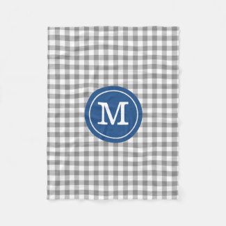 Gray And Blue Monogram Gingham Checks Fleece Blanket