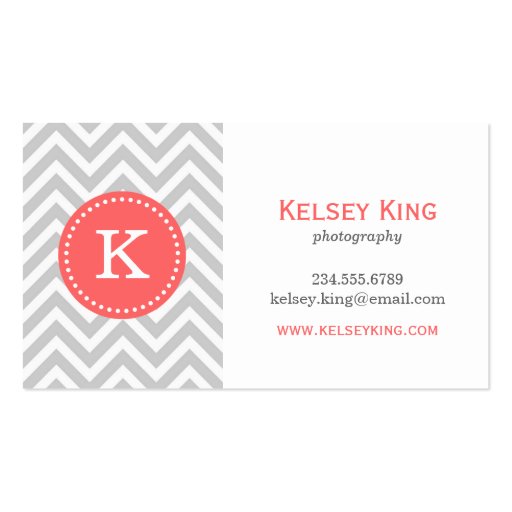 Gray and Coral Chevron Custom Monogram Business Card Templates (front side)