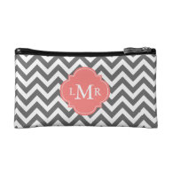 Gray and Coral Zigzags Monogram Makeup Bags