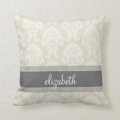 Gray and Linen Vintage Damask Pattern with Name Pillow