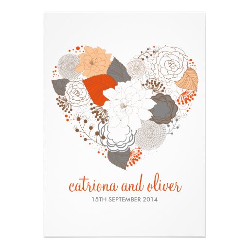 Gray and Orange Heart Flowers Wedding Invitation