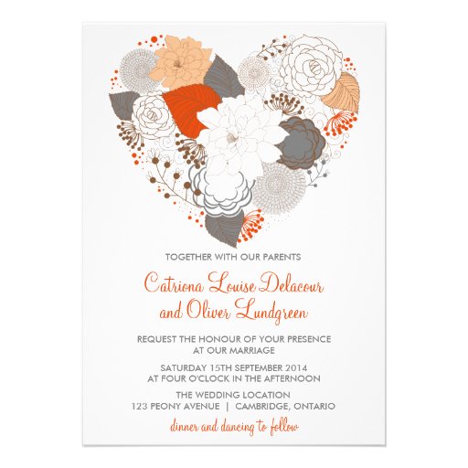 Gray and Orange Heart Flowers Wedding Invitation (front side)