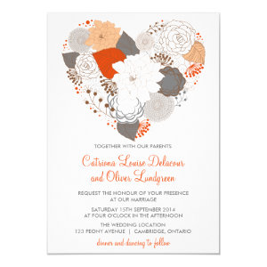 Gray and Orange Heart Flowers Wedding Invitation