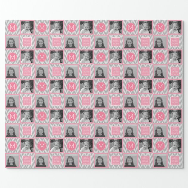 Gray and Pink Chevrons - Photo and Monogram Wrapping Paper 2/4