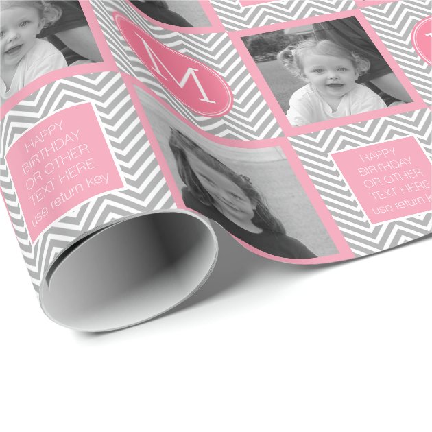 Gray and Pink Chevrons - Photo and Monogram Wrapping Paper 3/4