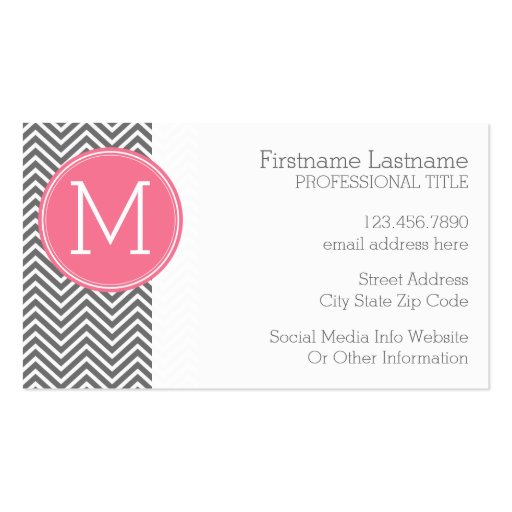 Gray and Pink Chevrons with Custom Monogram Business Card (back side)