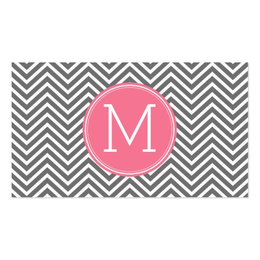 Gray and Pink Chevrons with Custom Monogram Business Card (front side)