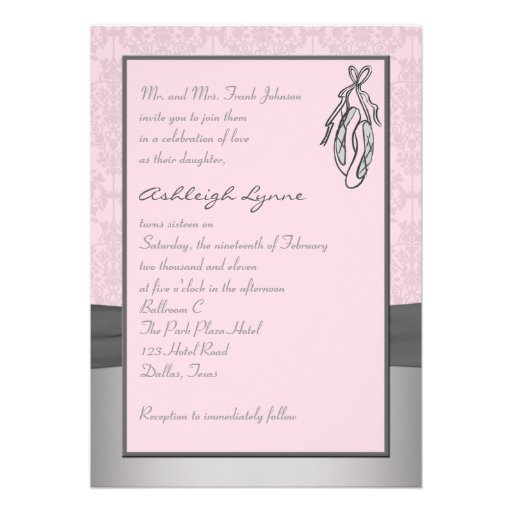 Gray and Pink Damask Ballerina Sweet Sixteen Personalized Invite