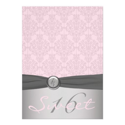 Gray and Pink Damask Ballerina Sweet Sixteen Personalized Invite