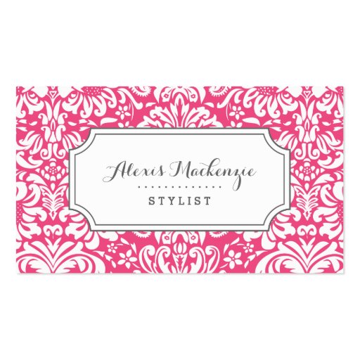 Gray and Pink Floral Damask Business Cards (front side)