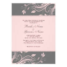 Gray and Pink Floral Swirls Wedding Invitation