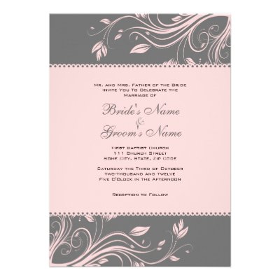 Gray and Pink Floral Swirls Wedding Invitation