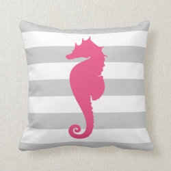 Gray and Pink Nautical Stripes and Cute Seahorse Throw Pillows