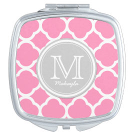 Gray and Pink quatrefoil with Monogram Makeup Mirrors