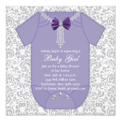 Gray and Purple Damask Baby Girl Shower Invitation