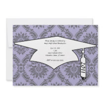 gray and purple damask graduation invitations