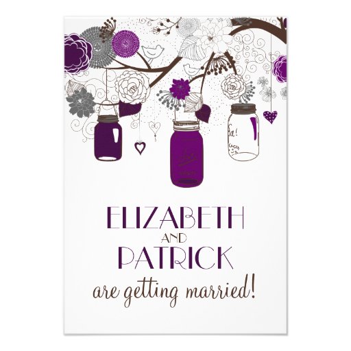 Gray and Purple Floral Mason Jars Reception Card