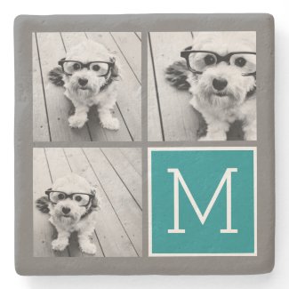 Gray and Teal Instagram Photo Collage Monogram Stone Coaster