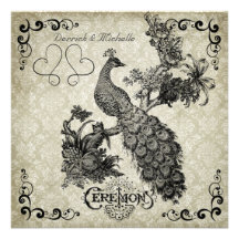 Gray and White Damask Peacock Wedding Invitation