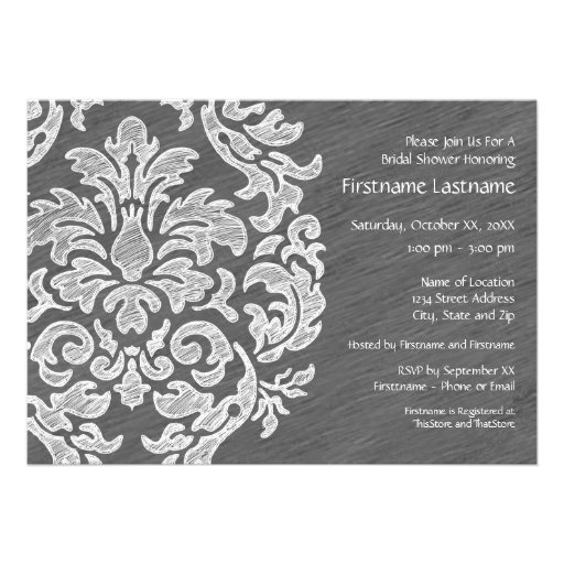 Gray and White Modern Damask Bridal Shower Party Invitations