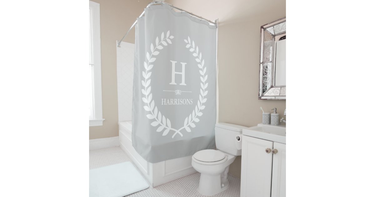 Gray And White Stylish Laurel Wreath Monogram Shower