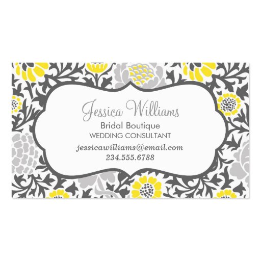 Gray and Yellow Retro Floral Damask Business Card Template (front side)