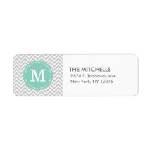 Gray & Aqua Modern Chevron Custom Monogram Return Address Labels