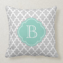 Gray & Aqua Modern Moroccan Custom Monogram Throw Pillow