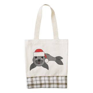 Gray Baby Seal with Christmas Red Santa Hat Zazzle HEART Tote Bag
