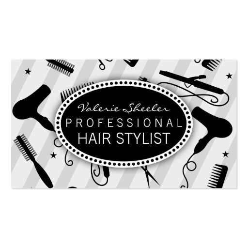 Gray & Black Hair Salon Tools Business Cards (front side)