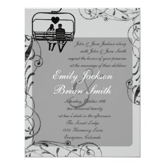 Gray black white ski lift custom wedding invites