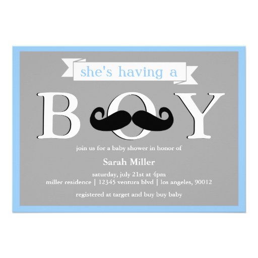Gray Blue - Boy Moustache Baby Shower Invitation