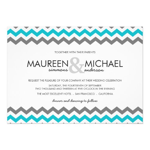 Gray & Blue Chevron Zig Zag Wedding Invitations