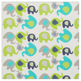 Gray Blue Green Elephants on White Fabric