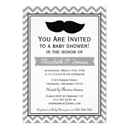 Gray Boy Moustache Chevron Baby Shower Personalized Invitations