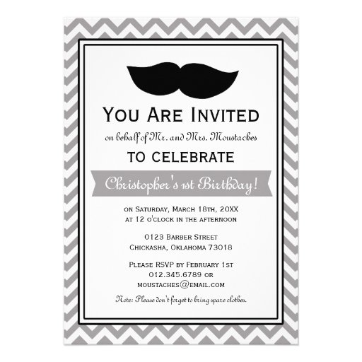 Gray Boy Moustache Chevron Birthday Party Announcements