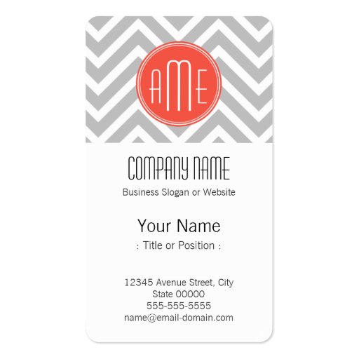 Gray Chevron and Coral Custom Monogram Business Card (front side)
